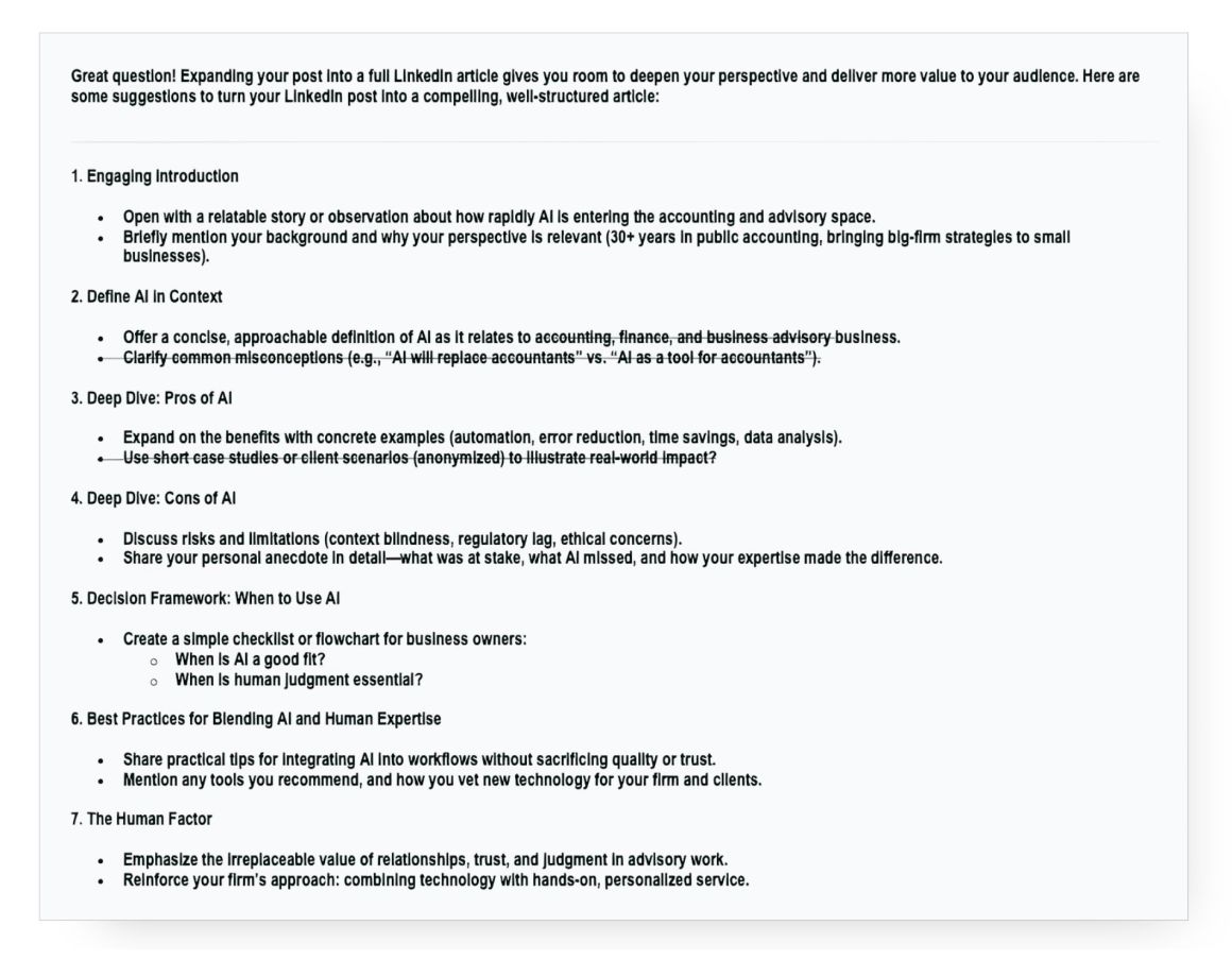 Step-by-step outline for turning a LinkedIn post into a full article, covering AI in business, pros and cons, decision frameworks, and human expertise